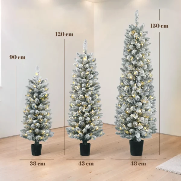 3 delige Set Besneeuwde LED kerstbomen, Smal, Met PVC takken, 90/120/150 Cm