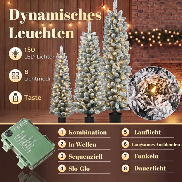 3 delige Set Besneeuwde LED kerstbomen, Smal, Met PVC takken, 90/120/150 Cm