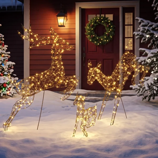 3 delige Verlichte Rendierset, Kerstdecoratie Voor Buiten Met 200 Warmwitte LED's, 8 Modi, Dagtimer