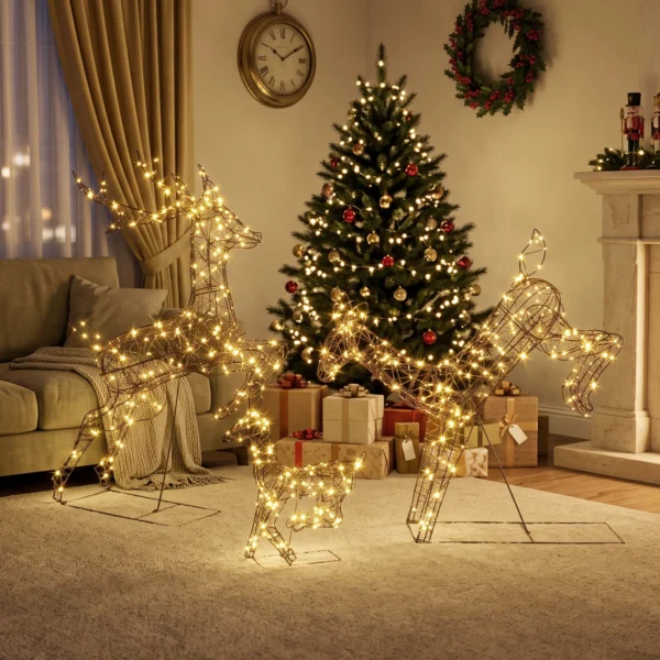 3 delige Verlichte Rendierset, Kerstdecoratie Voor Buiten Met 200 Warmwitte LED's, 8 Modi, Dagtimer