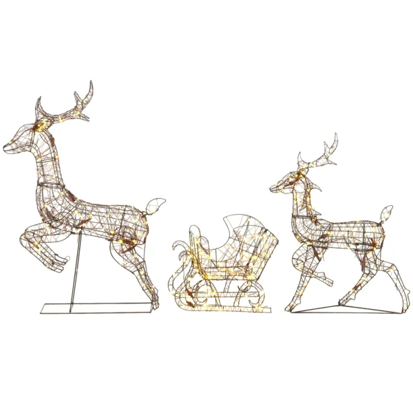 3 dlg. Verlicht Rendier En Slee set, Kerstdecoratie Gemaakt Van Polyrattan Met LEDs, 8 Modi, Timer