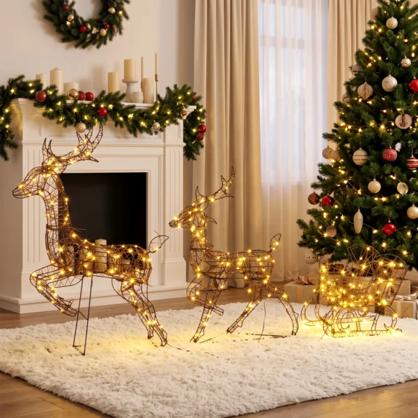 3 dlg. Verlicht Rendier En Slee set, Kerstdecoratie Gemaakt Van Polyrattan Met LEDs, 8 Modi, Timer