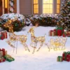 3 dlg. Verlicht Rendier En Slee set, Kerstdecoratie Gemaakt Van Polyrattan Met LEDs, 8 Modi, Timer