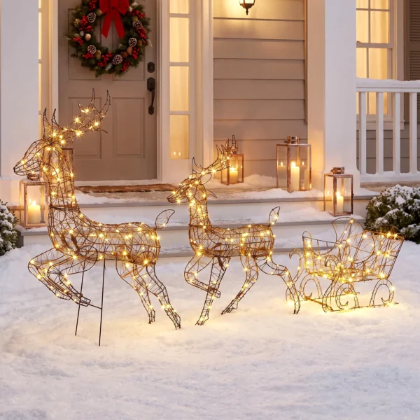 3 dlg. Verlicht Rendier En Slee set, Kerstdecoratie Gemaakt Van Polyrattan Met LEDs, 8 Modi, Timer
