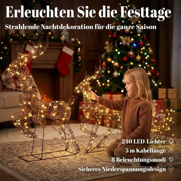 3 dlg. Verlicht Rendier En Slee set, Kerstdecoratie Gemaakt Van Polyrattan Met LEDs, 8 Modi, Timer