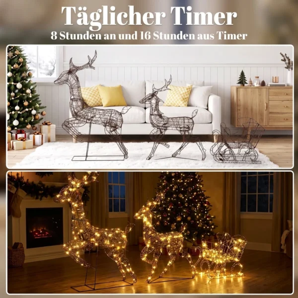 3 dlg. Verlicht Rendier En Slee set, Kerstdecoratie Gemaakt Van Polyrattan Met LEDs, 8 Modi, Timer