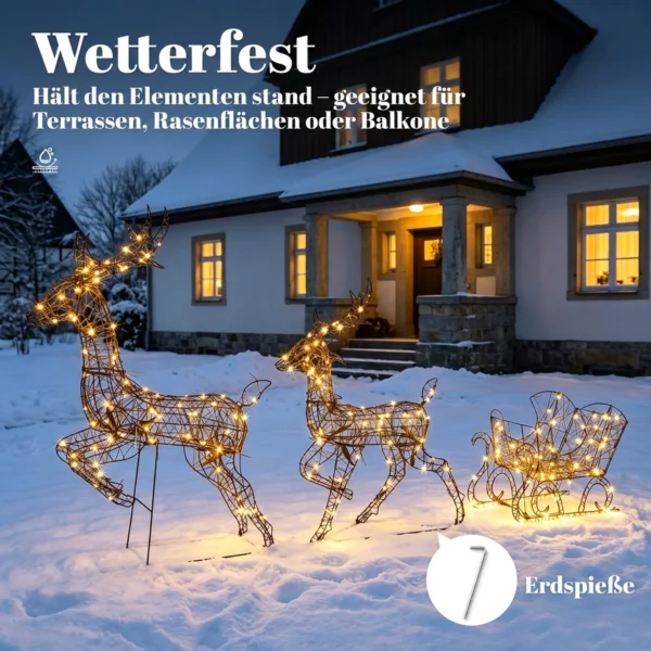 3 dlg. Verlicht Rendier En Slee set, Kerstdecoratie Gemaakt Van Polyrattan Met LEDs, 8 Modi, Timer