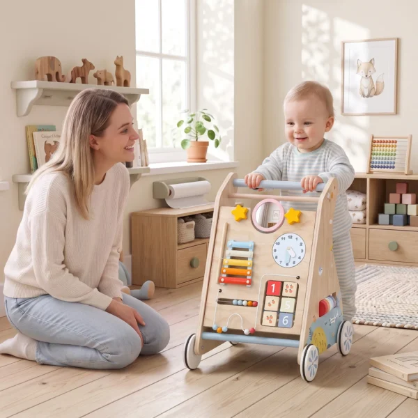 3 in 1 Baby Loopwagen Loopondersteuning Met Afneembaar Dubbelzijdig Activiteitenbord, Tas En Wielen Voor 1 3 Jaar