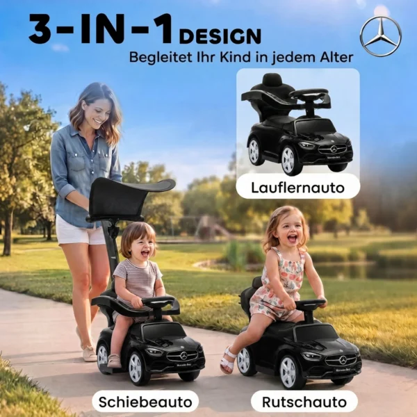 3 in 1 Glijauto Met Duwstang Mercedes Benz Glijvoertuig Met Stuurwiel Claxon Muziek Dak Opbergruimte Onder De Zitting Zwart