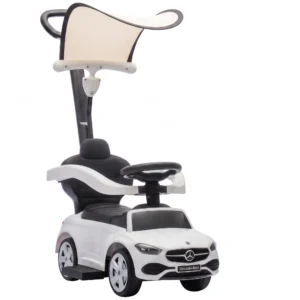 3 in 1 Glijauto Met Duwstang Mercedes Benz Glijvoertuig Met Stuurwiel Claxon Muziek Dak Zitopbergruimte Wit