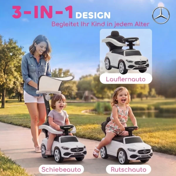 3 in 1 Glijauto Met Duwstang Mercedes Benz Glijvoertuig Met Stuurwiel Claxon Muziek Dak Zitopbergruimte Wit