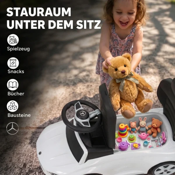 3 in 1 Glijauto Met Duwstang Mercedes Benz Glijvoertuig Met Stuurwiel Claxon Muziek Dak Zitopbergruimte Wit
