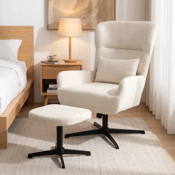 360° Draaibare Loungestoel Met Kruk, In Hoogte Verstelbaar, Chenille bekleding, Met Lendekussen, Crèmewit