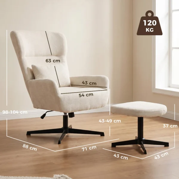 360° Draaibare Loungestoel Met Kruk, In Hoogte Verstelbaar, Chenille bekleding, Met Lendekussen, Crèmewit
