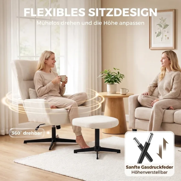 360° Draaibare Loungestoel Met Kruk, In Hoogte Verstelbaar, Chenille bekleding, Met Lendekussen, Crèmewit