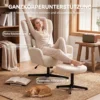 360° Draaibare Loungestoel Met Kruk, In Hoogte Verstelbaar, Chenille bekleding, Met Lendekussen, Crèmewit