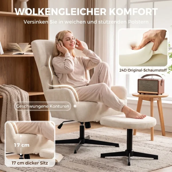 360° Draaibare Loungestoel Met Kruk, In Hoogte Verstelbaar, Chenille bekleding, Met Lendekussen, Crèmewit