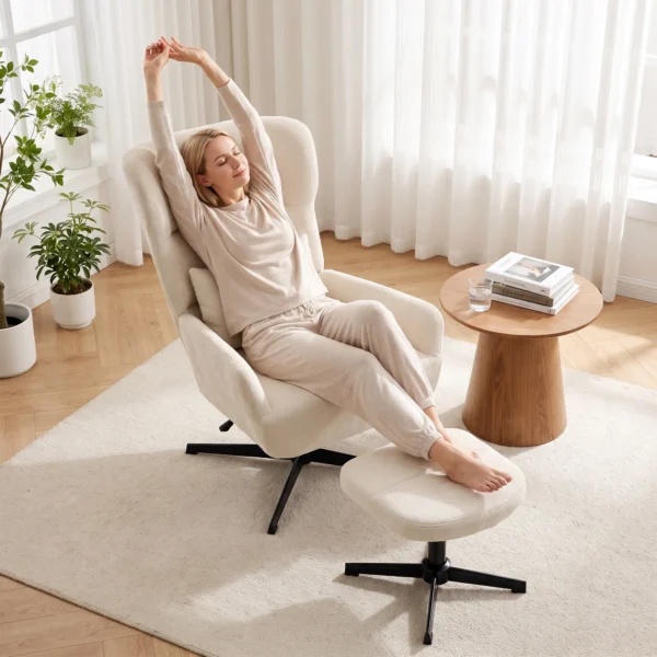 360° Draaibare Loungestoel Met Kruk, In Hoogte Verstelbaar, Chenille bekleding, Met Lendekussen, Crèmewit