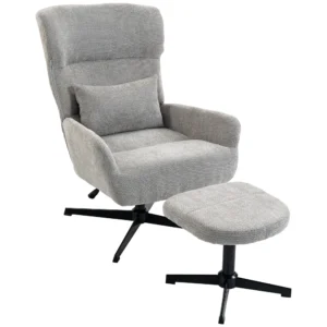 360° Draaibare Loungestoel Met Kruk, In Hoogte Verstelbaar, Chenille bekleding, Met Lendenkussen, Crèmewit