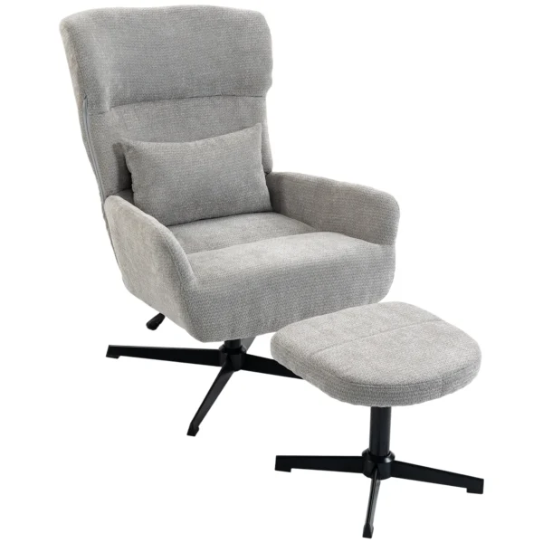 360° Draaibare Loungestoel Met Kruk, In Hoogte Verstelbaar, Chenille bekleding, Met Lendenkussen, Crèmewit