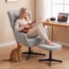 360° Draaibare Loungestoel Met Kruk, In Hoogte Verstelbaar, Chenille bekleding, Met Lendenkussen, Crèmewit