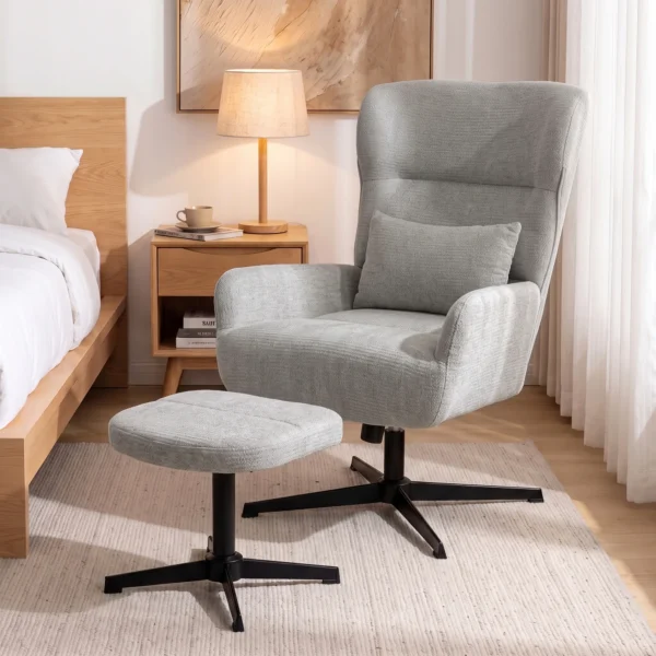 360° Draaibare Loungestoel Met Kruk, In Hoogte Verstelbaar, Chenille bekleding, Met Lendenkussen, Crèmewit