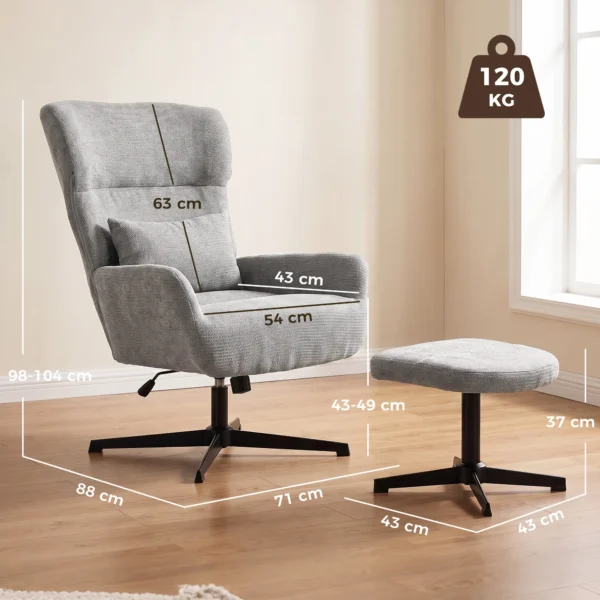 360° Draaibare Loungestoel Met Kruk, In Hoogte Verstelbaar, Chenille bekleding, Met Lendenkussen, Crèmewit