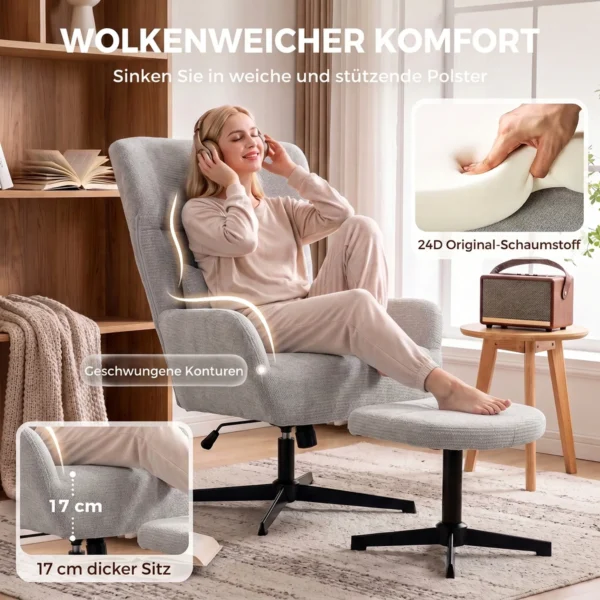 360° Draaibare Loungestoel Met Kruk, In Hoogte Verstelbaar, Chenille bekleding, Met Lendenkussen, Crèmewit