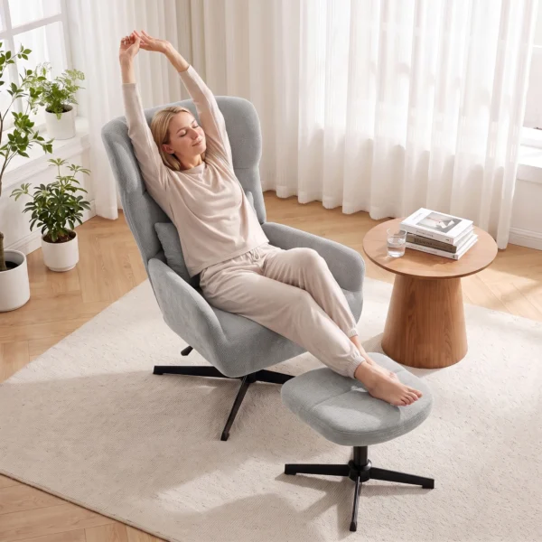 360° Draaibare Loungestoel Met Kruk, In Hoogte Verstelbaar, Chenille bekleding, Met Lendenkussen, Crèmewit