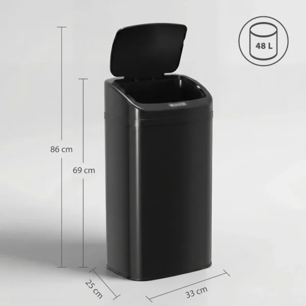 48 L Sensor Prullenbak Voor Keuken Of Kantoor, Automatische Sluitfunctie, Roestvrij Staal, Zwart