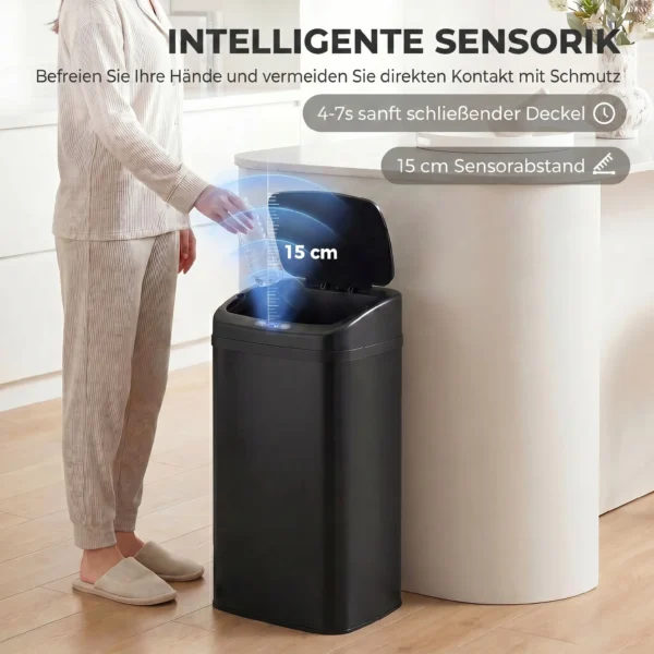 48 L Sensor Prullenbak Voor Keuken Of Kantoor, Automatische Sluitfunctie, Roestvrij Staal, Zwart