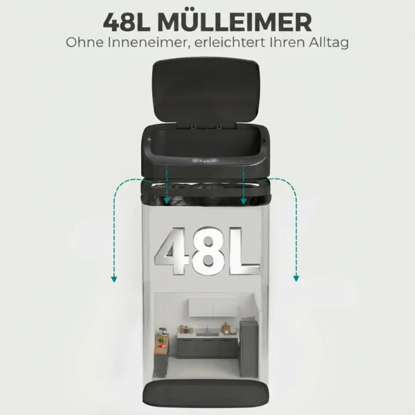 48 L Sensor Prullenbak Voor Keuken Of Kantoor, Automatische Sluitfunctie, Roestvrij Staal, Zwart