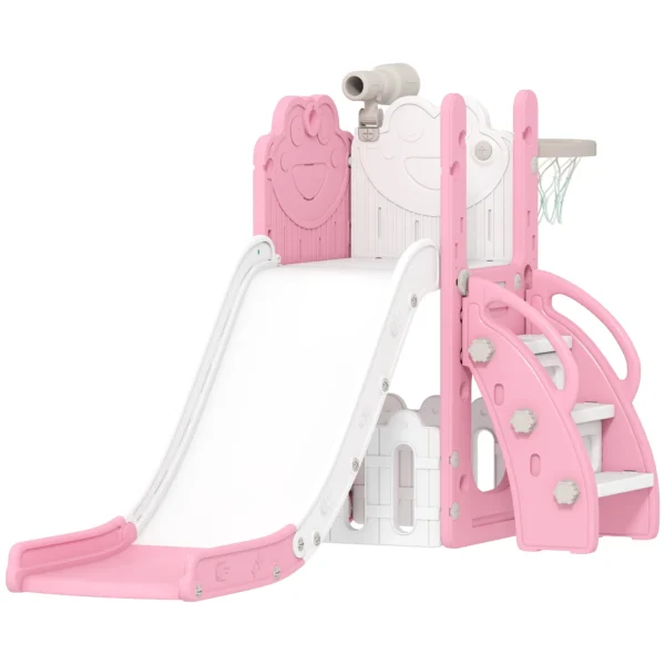 5 in 1 Kinderglijbaanset, Telescoop, Basketbalring, HDPE, Kunststof, Roze+Wit