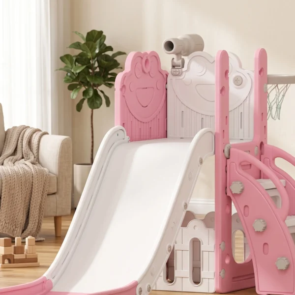 5 in 1 Kinderglijbaanset, Telescoop, Basketbalring, HDPE, Kunststof, Roze+Wit