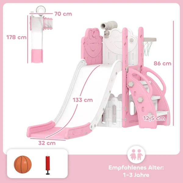 5 in 1 Kinderglijbaanset, Telescoop, Basketbalring, HDPE, Kunststof, Roze+Wit
