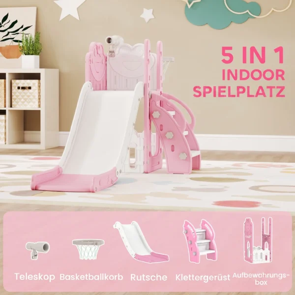 5 in 1 Kinderglijbaanset, Telescoop, Basketbalring, HDPE, Kunststof, Roze+Wit