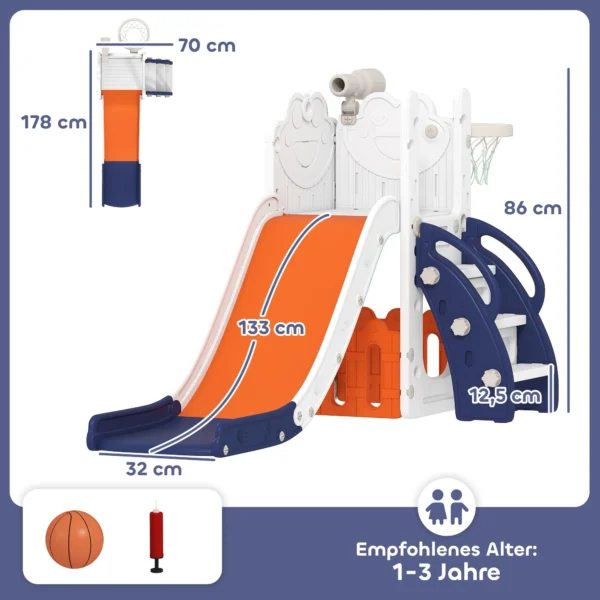 5 in 1 Kinderglijbaanset, Telescoop, Basketbalring, Kunststof, Oranje+Donkerblauw