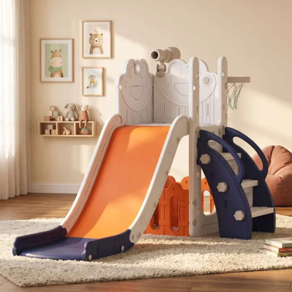 5 in 1 Kinderglijbaanset, Telescoop, Basketbalring, Kunststof, Oranje+Donkerblauw