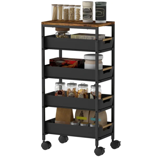 5 traps Keukenwagen, Houtlook, Verrijdbaar, Metalen Frame, 4 Lades, Zwart