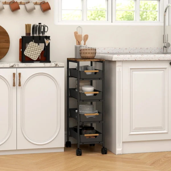 5 traps Keukenwagen, Houtlook, Verrijdbaar, Metalen Frame, 4 Lades, Zwart
