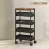 5 traps Keukenwagen, Houtlook, Verrijdbaar, Metalen Frame, 4 Lades, Zwart