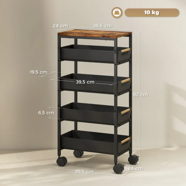 5 traps Keukenwagen, Houtlook, Verrijdbaar, Metalen Frame, 4 Lades, Zwart