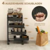 5 traps Keukenwagen, Houtlook, Verrijdbaar, Metalen Frame, 4 Lades, Zwart