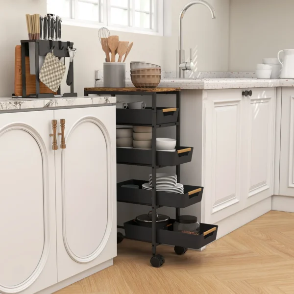 5 traps Keukenwagen, Houtlook, Verrijdbaar, Metalen Frame, 4 Lades, Zwart
