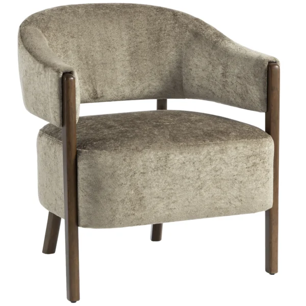 Akzentstoel, Chenille Gestoffeerde Fauteuil Met Massief Houten Frame En Poten, Lichtbruin