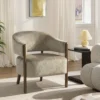 Akzentstoel, Chenille Gestoffeerde Fauteuil Met Massief Houten Frame En Poten, Lichtbruin