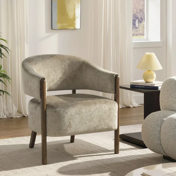 Akzentstoel, Chenille Gestoffeerde Fauteuil Met Massief Houten Frame En Poten, Lichtbruin