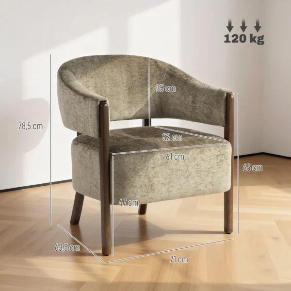 Akzentstoel, Chenille Gestoffeerde Fauteuil Met Massief Houten Frame En Poten, Lichtbruin