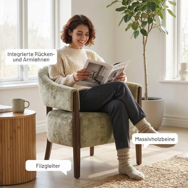 Akzentstoel, Chenille Gestoffeerde Fauteuil Met Massief Houten Frame En Poten, Lichtbruin
