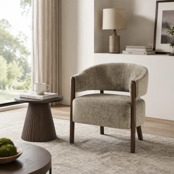 Akzentstoel, Chenille Gestoffeerde Fauteuil Met Massief Houten Frame En Poten, Lichtbruin